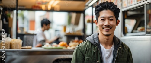 Small business owner young japanese man at front of food truck smiling looking at camera from Generative AI