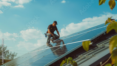 Solar power engineer installing solar panels, on the roof, electrical technician at work