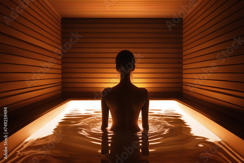 Young woman relaxing and sweating in hot traditional wooden sauna wrapped in towel.  Spa treatment, alternative beauty therapy. Generative ai