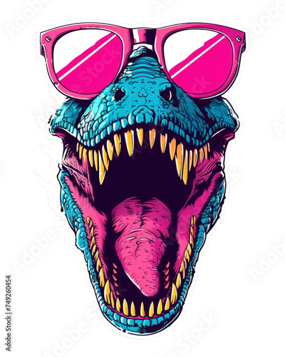 Funny cartoon tyrannosaurus rex head dinosaur wearing glasses in pop art style, sticker and t-shirt print design, isolated background