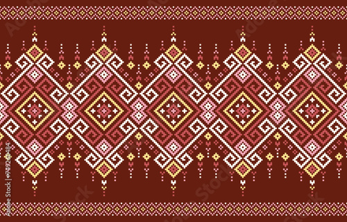 Fabric pattern features a vibrant ethnic design on a warm brown background. Bold geometric shapes, including triangles, diamonds, and stylized florals, create a captivating seamless repeat.