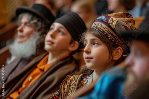 during synagogue services. Show people listening intently, faces filled with emotion, and perhaps even costumed characters reenacting key scenes.  photo