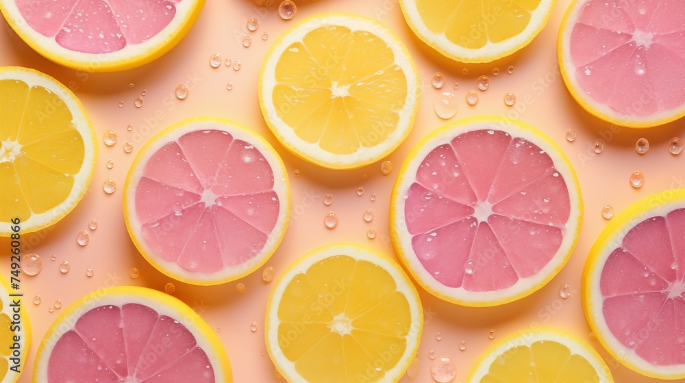 Top view of candied lemon and grapefruit slices with drops of honey on light peach background. Minimal summer concept. Top view of candied lemon and grapefruit slices with drops of honey on light peach background. Minimal summer concept.