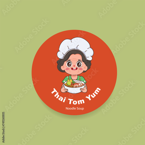 Senior woman character with Thai tom yum noodle soup. Thai tom yum noodle soup logo.