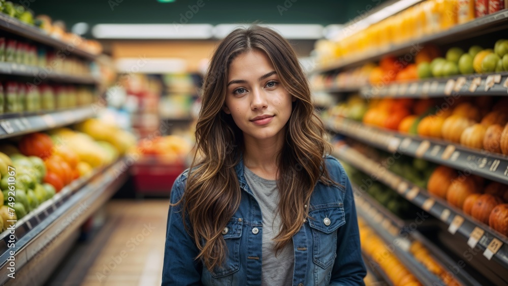 Portrait of a beautiful young woman standing in a supermarket, looking at the camera.