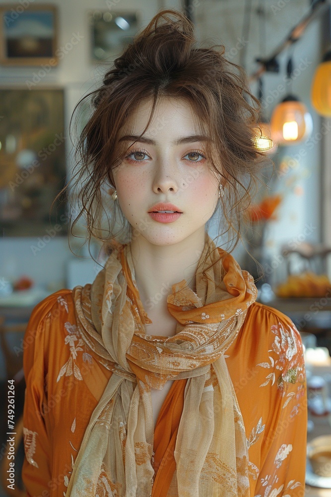 Sophisticated Style: Pretty Japanese Woman in Her 30s Flaunting Mid-Length Brunette Hair, Wearing Designer Dress and Fashionable Scarf Sophisticated Style: Pretty Japanese Woman in Her 30s Flaunting Mid-Length Brunette Hair, Wearing Designer Dress and Fashionable Scarf