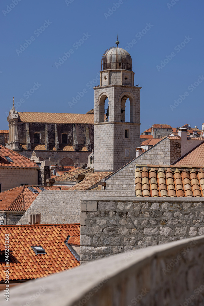 City Walls with Clock tower, surrounding medieval city on the Adriatic Sea, Dubrovnik, Croatia