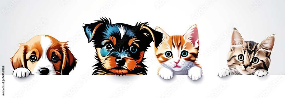 Fototapeta premium Cute puppies and kittens peek behind a clean white banner with empty space for text or product placement. The concept of an advertising poster for a pet store or veterinary clinic