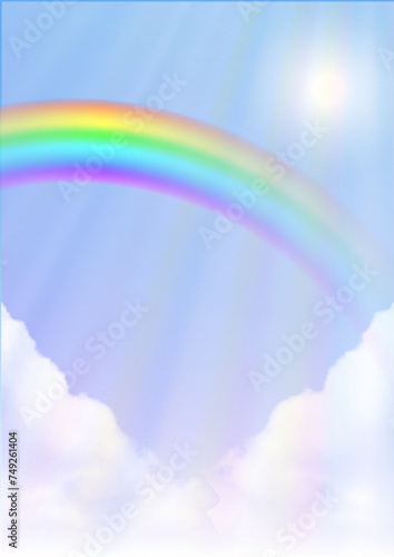 Rainbow on blue sky background 虹のかかった日が差し込む雨上がりの空
