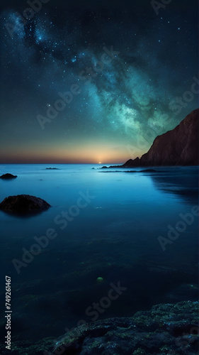 Paradise of sea, A beach at night with a tree on the rocky cliff and the sky filled with stars. ai generative