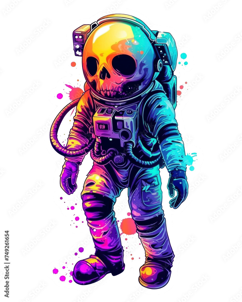 Cute cartoon skeleton wearing an astronaut suit in neon cosmic and colorful style, for t-shirt design and printed stickers, isolated background Cute cartoon skeleton wearing an astronaut suit in neon cosmic and colorful style, for t-shirt design and printed stickers, isolated background