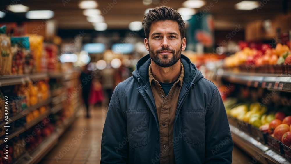 Portrait of a handsome young man standing in a supermarket and looking at camera - obrazy, fototapety, plakaty 