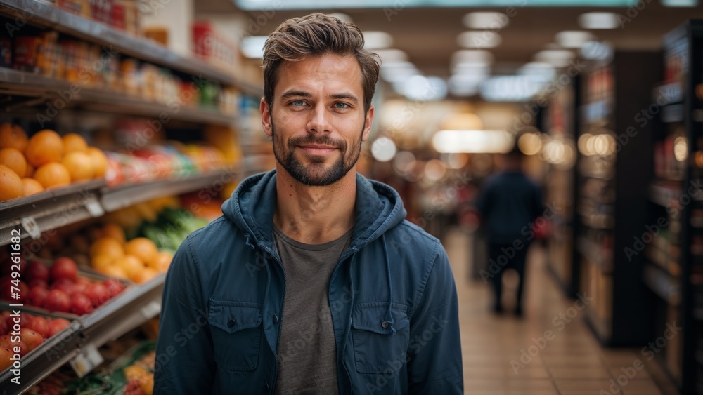 Portrait of a handsome young man standing in a supermarket and looking at camera