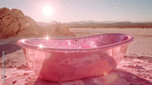 A pink bathtub sits in the middle of a desert. The sun is shining brightly in the background  © wing