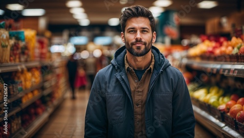 Portrait of a handsome young man standing in a supermarket and looking at camera photo