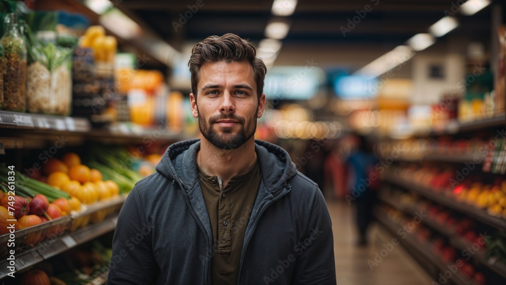 Portrait of a handsome young man standing in a supermarket and looking at camera Portrait of a handsome young man standing in a supermarket and looking at camera