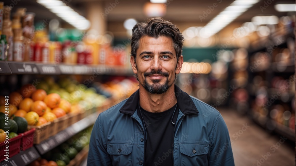 Portrait of a handsome young man standing in a supermarket and looking at camera Portrait of a handsome young man standing in a supermarket and looking at camera