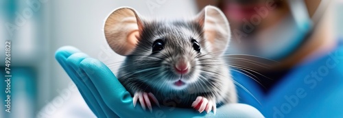 veterinary banner with little gray mouse on hands veterinarian doctor in veterinary clinic , copyspace 