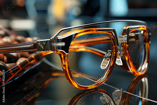 A closeup shot of a trendy eyeglass frame.