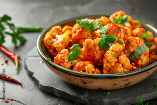 bowl of buffalo cauliflower in editorial food photography style on rustic slate surface background