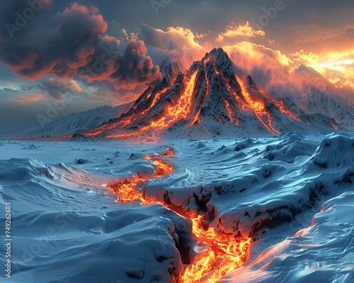 Volcanic eruption in a snowy landscape at dusk. Dramatic natural disaster concept for climate change education and extreme weather posters. Striking contrast of fire and ice in a panoramic view