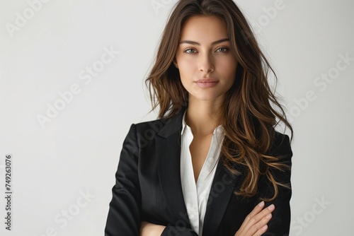 Elegant Professionalism: Photorealistic Portrait of a Beautiful American Businesswoman on Isolated White Background, Exuding Confidence in Dark Trousers