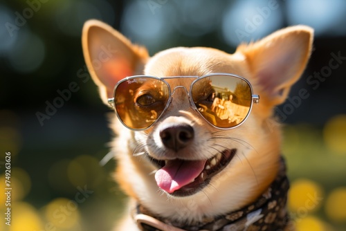 Adorable dog in fashionable sunglasses and clothes, enjoying a sunny day outdoors © vetrana