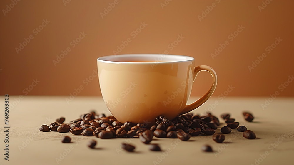 A Simple Coffee cup alongside scattered coffee beans A Simple Coffee cup alongside scattered coffee beans