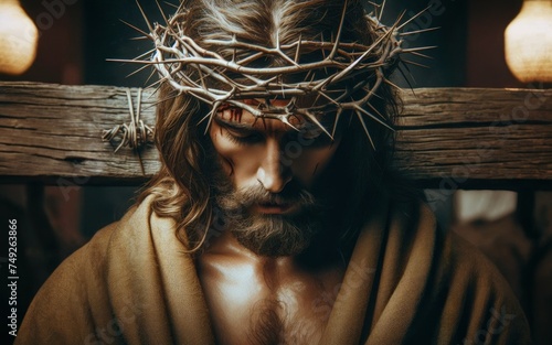Jesus with crown of thorns with head down over dark wall