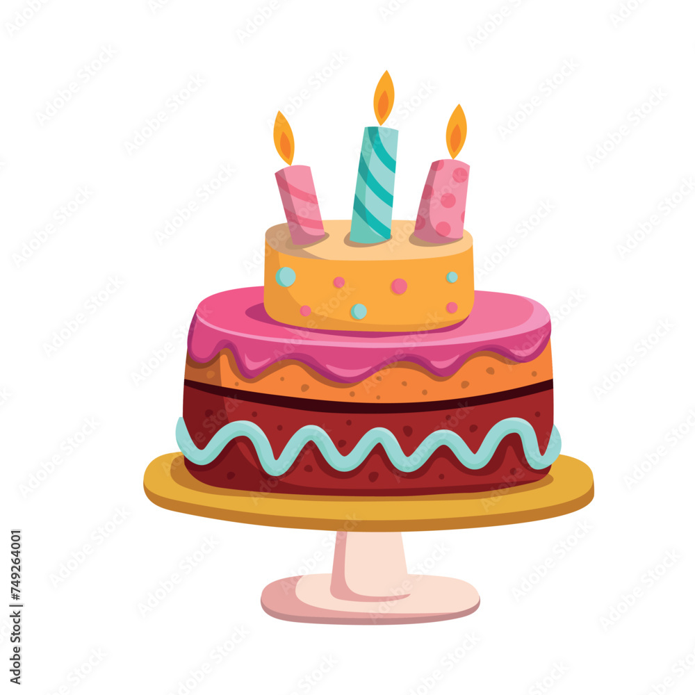 Two-tier cake with candles on a white background. Happy birthday illustration in cartoon style Two-tier cake with candles on a white background. Happy birthday illustration in cartoon style
