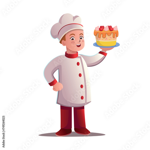 Cartoon character chef with a cake. Vector illustration. 