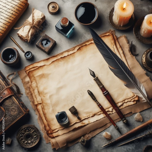 A nostalgic setup of a quill, ink bottles, candles, and parchment invokes the charm of classical writing. The scene is carefully arranged on a stone background, highlighting the art of traditional