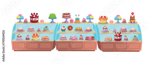 Refrigerator with cakes. Confectionery. Pastry shop interior inside. Cafe or Candy store. Cakes and pastries are on the shelves. Set of holiday cakes and pastries. Happy birthday.Сartoon