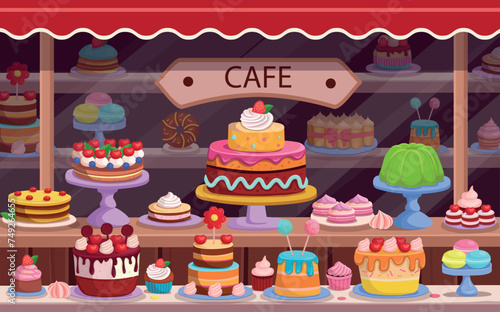 Cafe or Candy store. Pastry and cake shop. cakes and pastries are on the shelves. Set of holiday cakes and pastries.