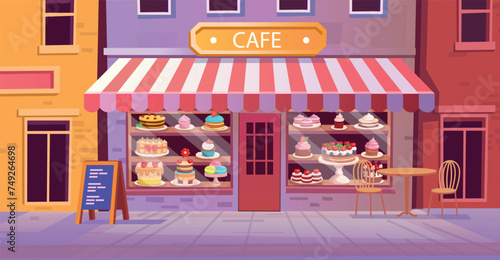 Cafe or Candy store. Pastry and cake shop. cakes and pastries are on the shelves. Set of holiday cakes and pastries.