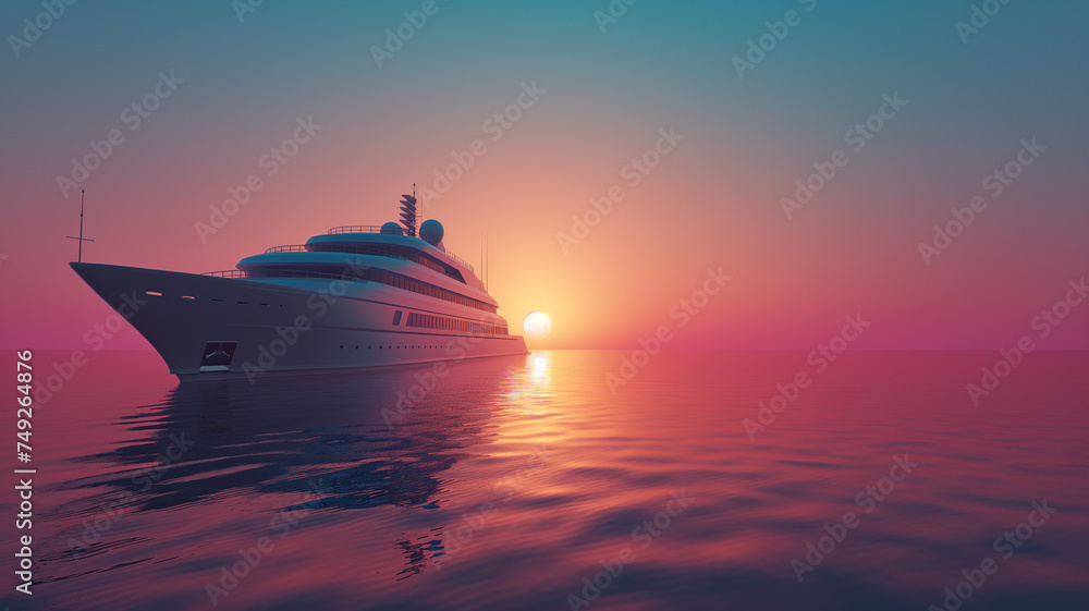 Cruise ship in the calm ocean at foggy sunset