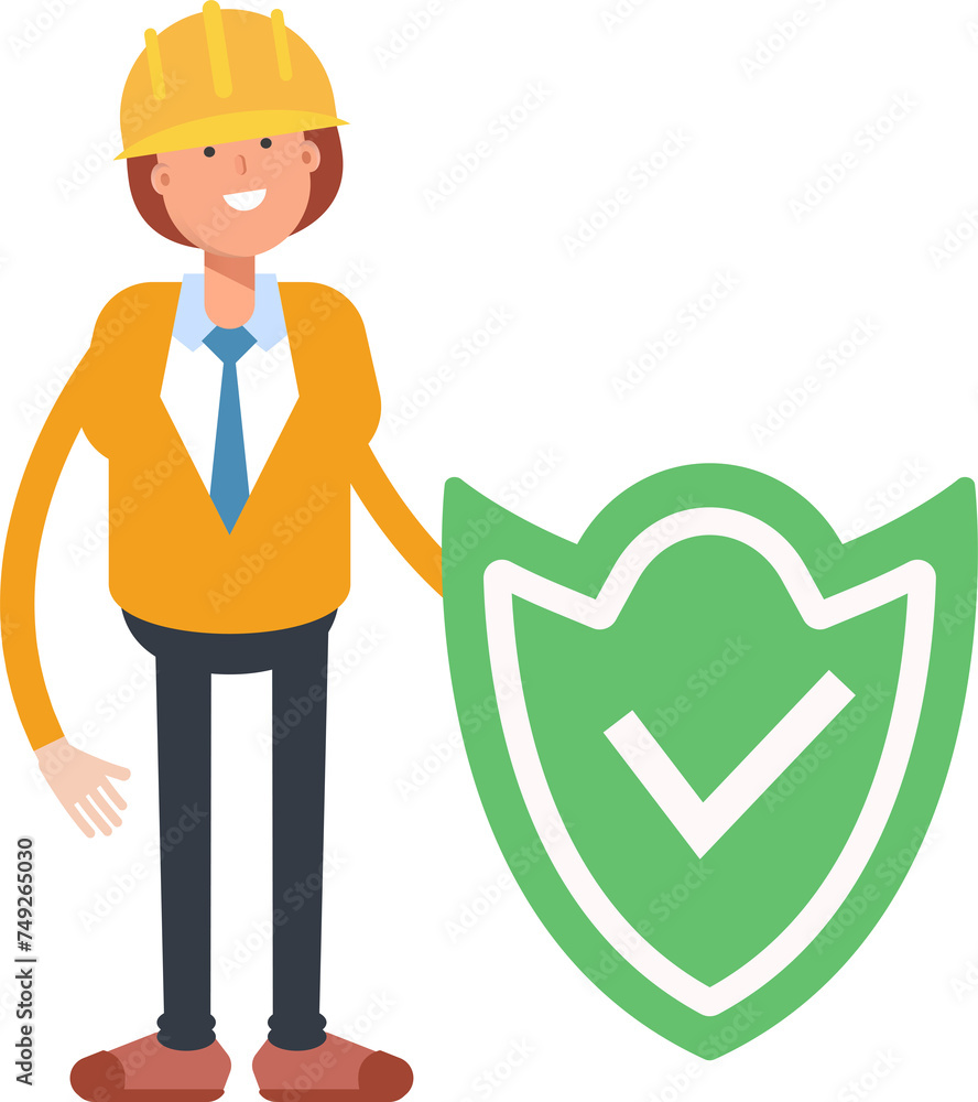 Woman Engineer Character and Check Mark Shield
