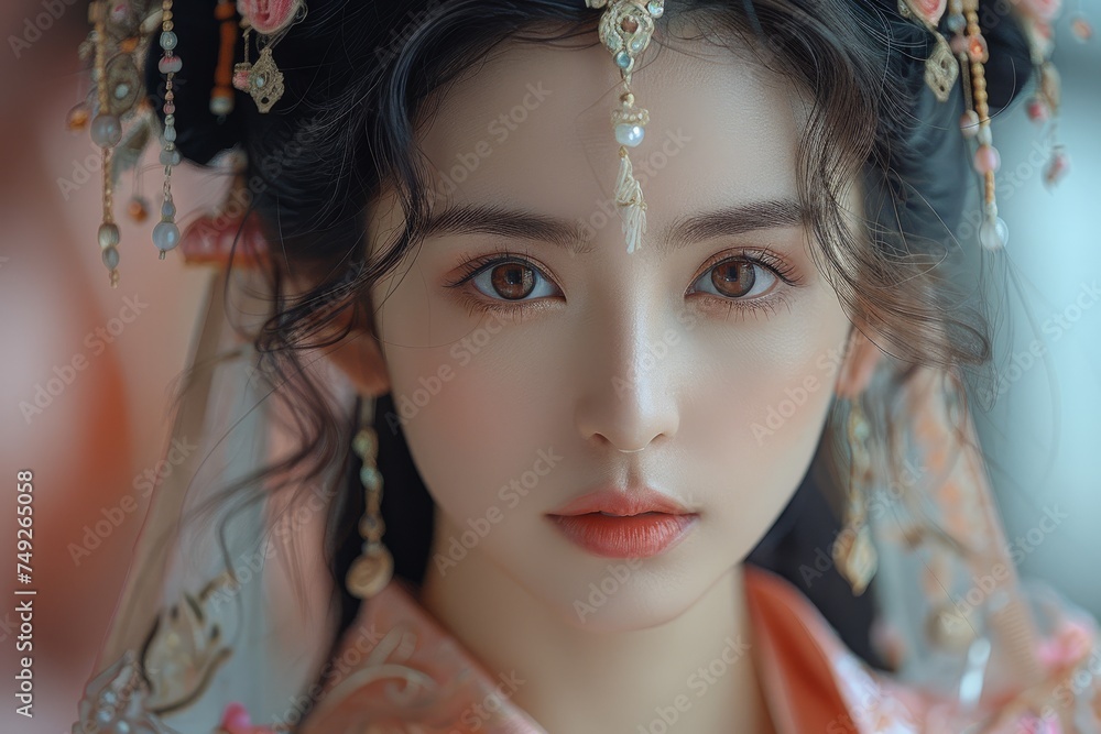 close-up portrays a Taiwanese girl adorned in traditional local festival attire, her image enhanced with a highly commercial retouch, evoking a fairytale-like aura. close-up portrays a Taiwanese girl adorned in traditional local festival attire, her image enhanced with a highly commercial retouch, evoking a fairytale-like aura.