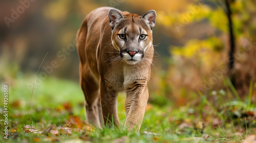 Prowling cougar in a lush forest.