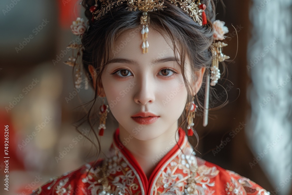 close-up portrays a Taiwanese girl adorned in traditional local festival attire, her image enhanced with a highly commercial retouch, evoking a fairytale-like aura.