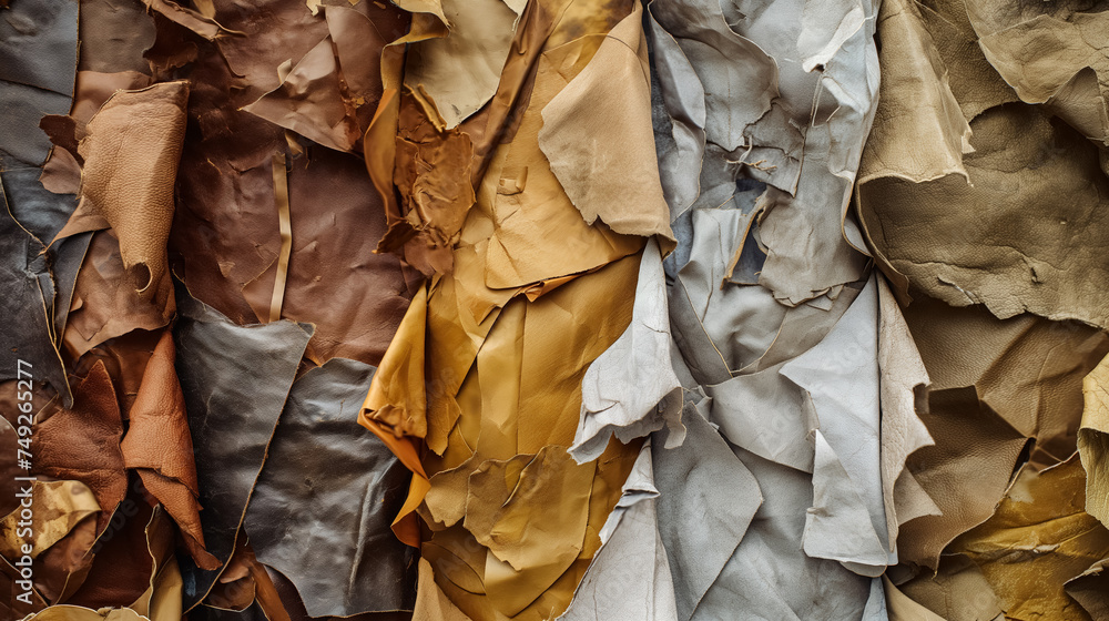 Crumpled leather sheets in earthy tones.