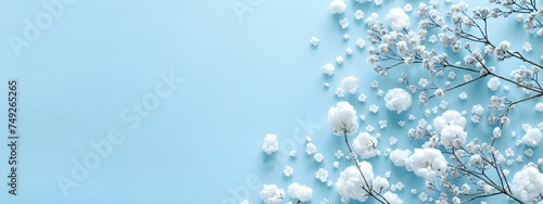 White flowers and leaves on blue surface, isolated on background, design template, space for text, banner, greeting card, poster, minimalistic, wedding, march, mothers day