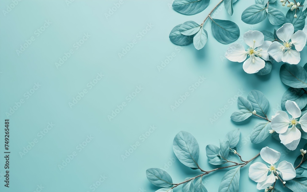 Fototapeta premium White flowers and leaves on blue surface, isolated on background, design template, space for text, banner, greeting card, poster, minimalistic, wedding, march, mothers day
