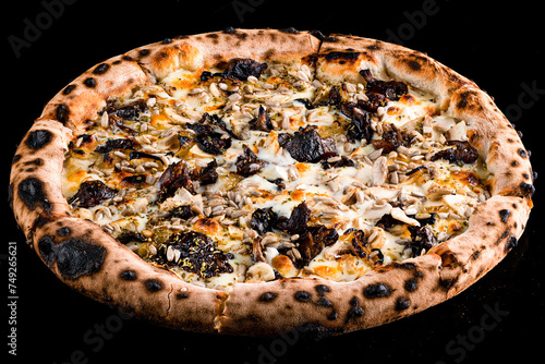 Italian food pizza with mushrooms, onions, cheese, sunflower seeds and spices isolated on black.