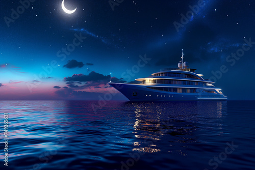 Luxury cruise ship in the ocean on calm sea at night with crescent moon and stars in the sky © Maizal