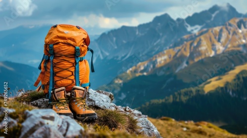 Travel accessories. Traveler's backpack stands on top of mountain. Beautiful view from cliff. High rock peak hike destination. Extreme sport. Wild nature landscape background. Climbing expedition.