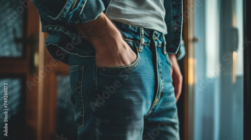 Men's jeans. Close-up of a man's hand in a jeans pocket.