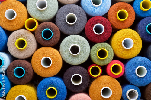 Close-up of multicolored sewing thread spools