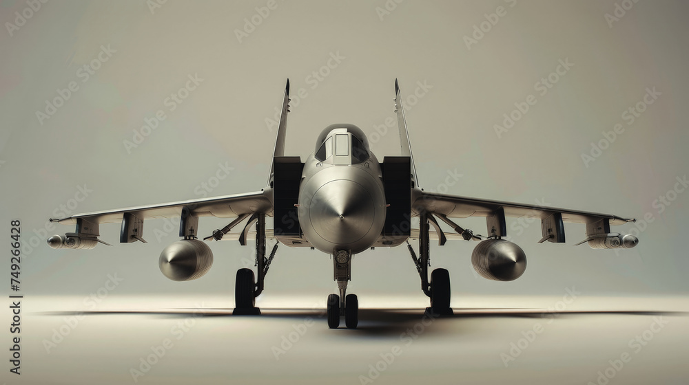 Fototapeta premium A silver fighter jet is parked on the runway