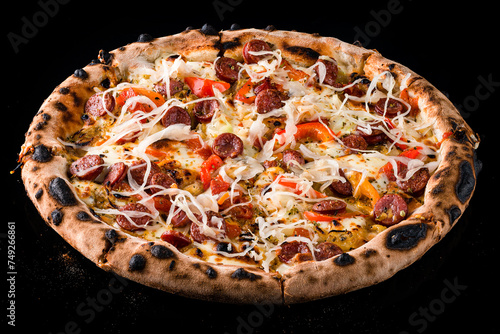 Lunch pizza with sausages, sweet peppers, tomatoes, cheese, sauerkraut and spices on black.